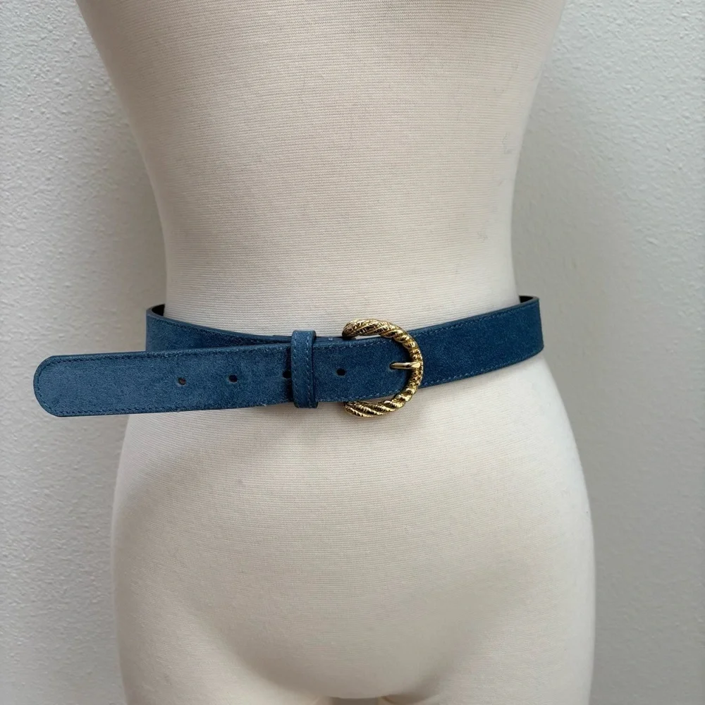 Sezane Thelma Suede Belt Round Buckle Statement Leather Denim Blue Gold 75 cm